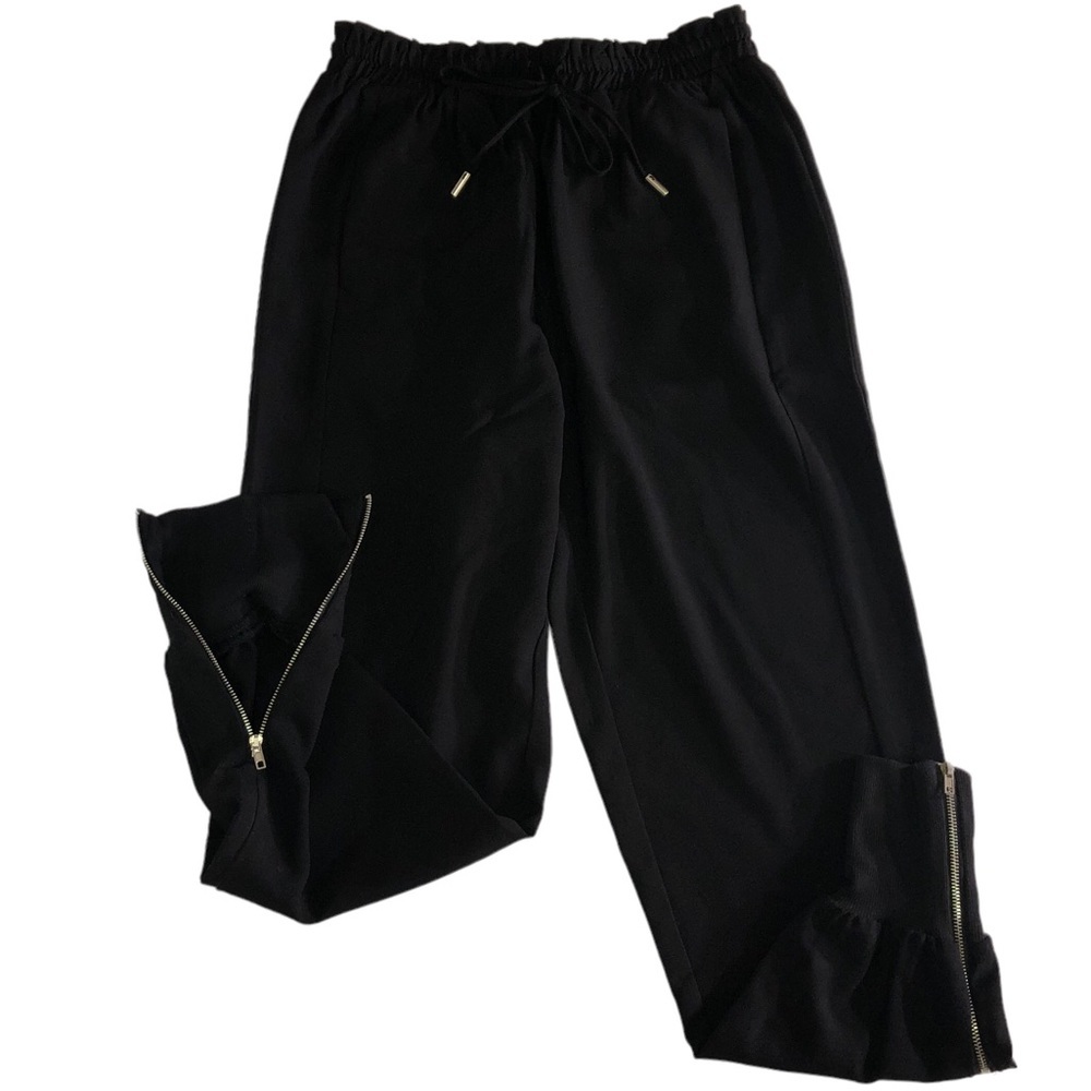 𝅺Marc Bouwer Dressy Joggers Zipper Ankle Cuff Black Silver Drawstring Pulls XS